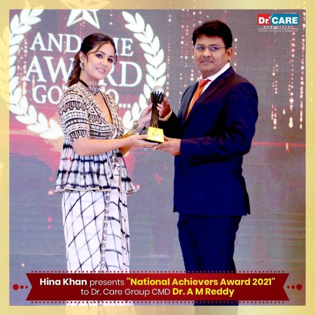 Hina Khan presented the National Achievers Award 2021 to Dr. Care Group CMD, Dr. A. M. Reddy